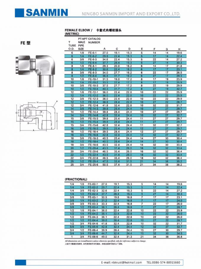 F.E. Rohr-Standard des weiblicher Ellbogen-pneumatischer Luft-Installations-Edelstahl-316L